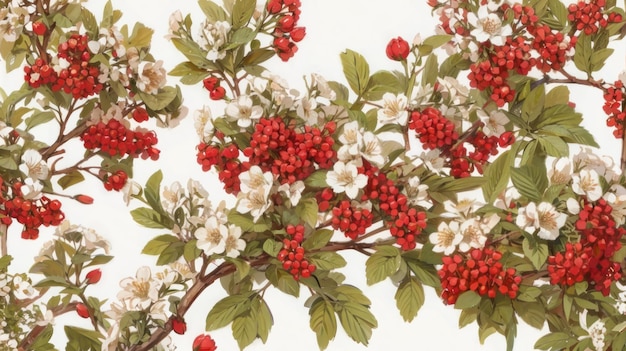 Photo a branch of a tree with red berries and white flowers