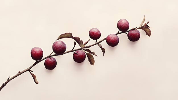 A branch of a tree with seven ripe plums