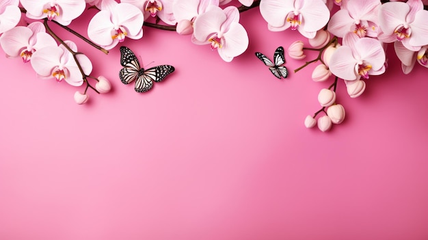 Branch of tropical orchids and butterfly on pink