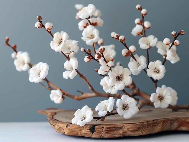 Photo branch white cotton flowers wooden podium wallpaper pictures background