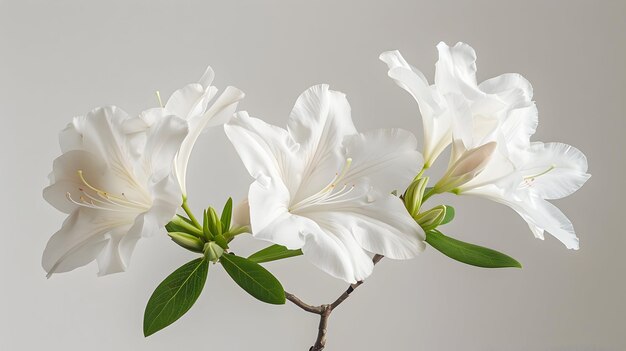 a branch of white flowers with green leaves and white flowers