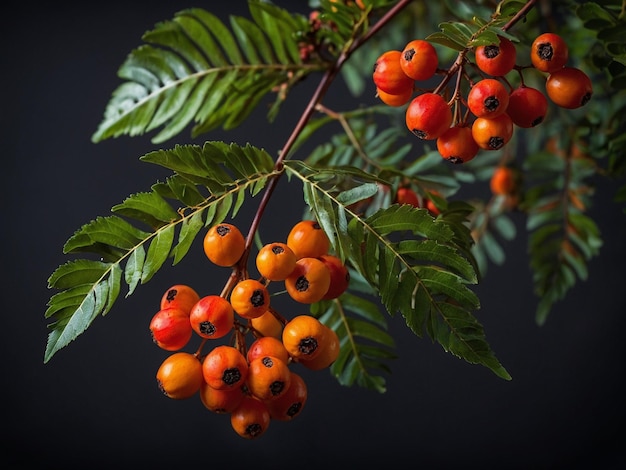 a branch with berries and a black background with a black background