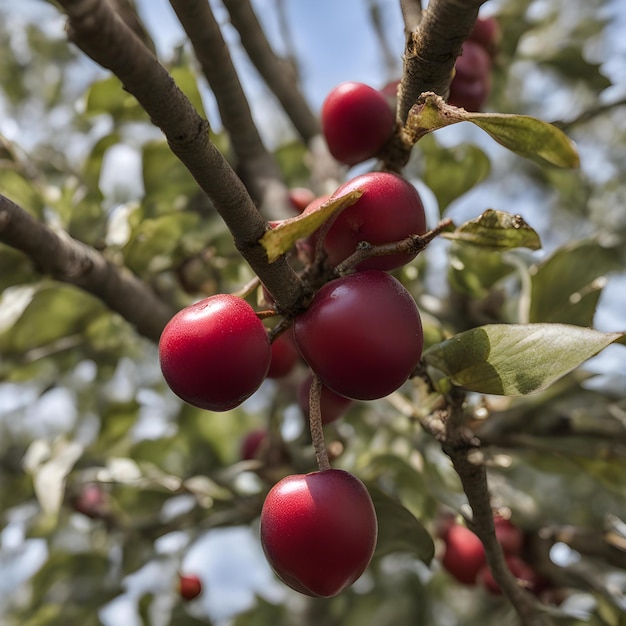 a branch with cherries hanging from it and a blue sky behind it