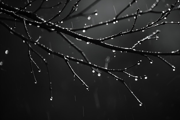 a branch with drops of water on it and a bird in the background