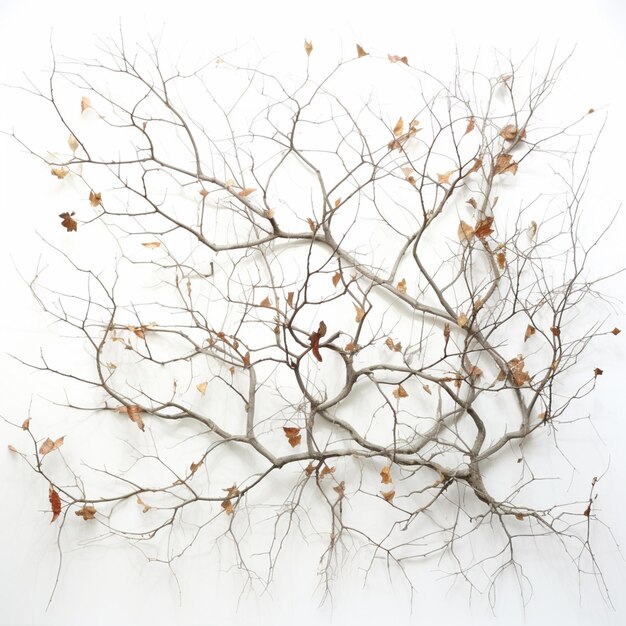 A branch with leaves on it is hanging on a white wall.