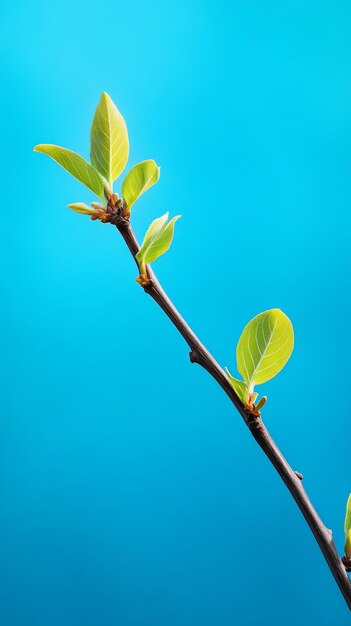 Photo branch with new green leaves against blue background nature and growth concept