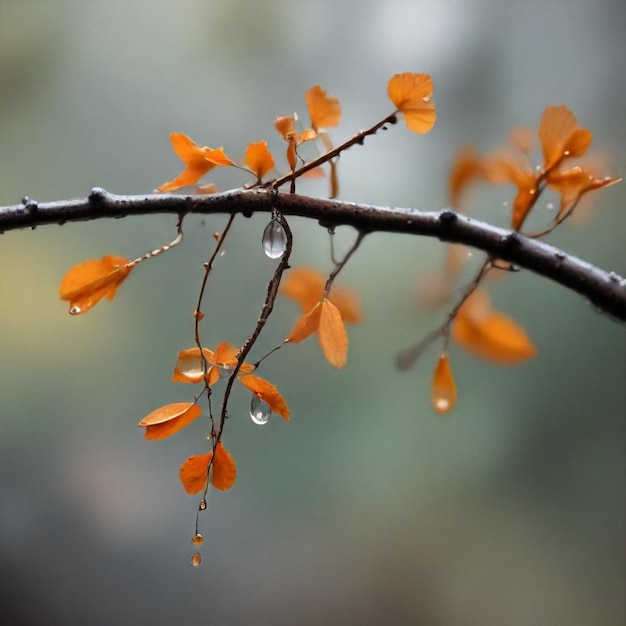 a branch with orange leaves that has water on it