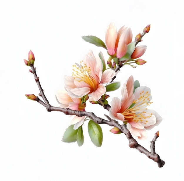 Branch with peach flowers Flowering branch spring collection White background isolated object