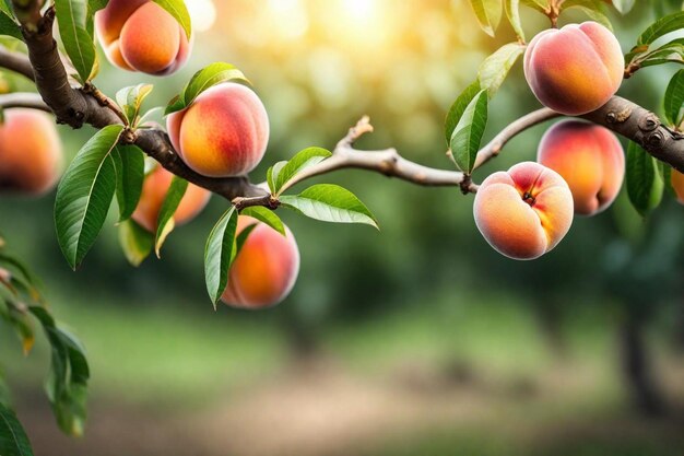 a branch with peaches on it and the sun shining through the leaves