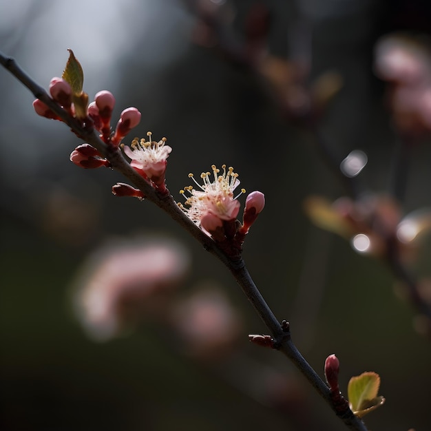 A branch with pink flowers and buds on it