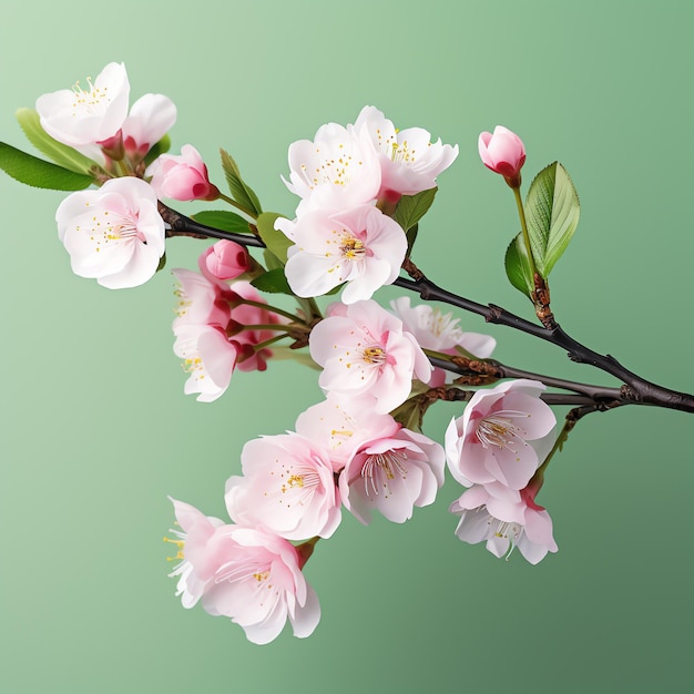 a branch with pink flowers and green leaves