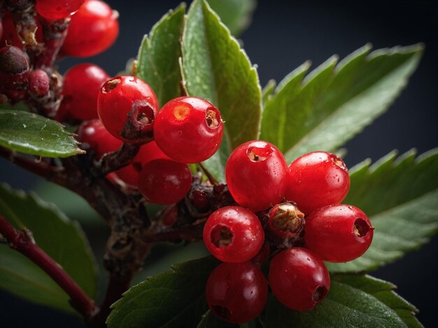 a branch with red berries and green leaves with a black background