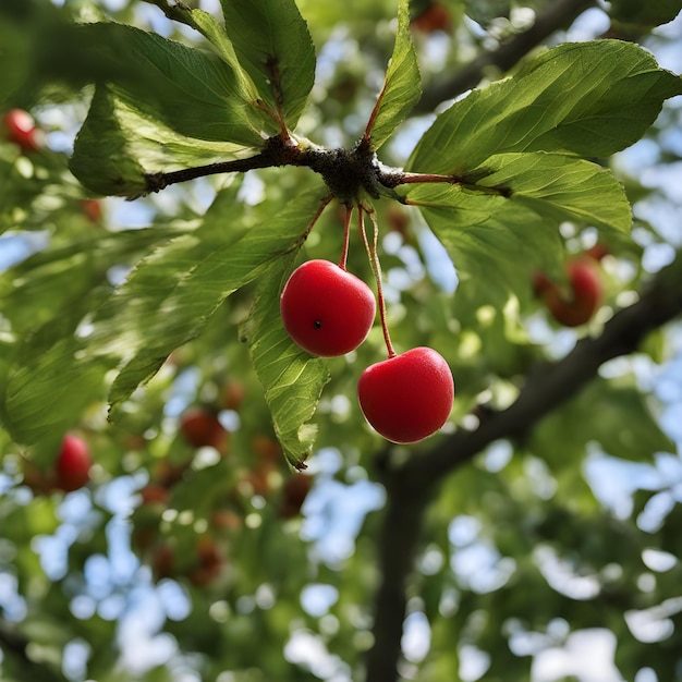 a branch with red berries hanging from it