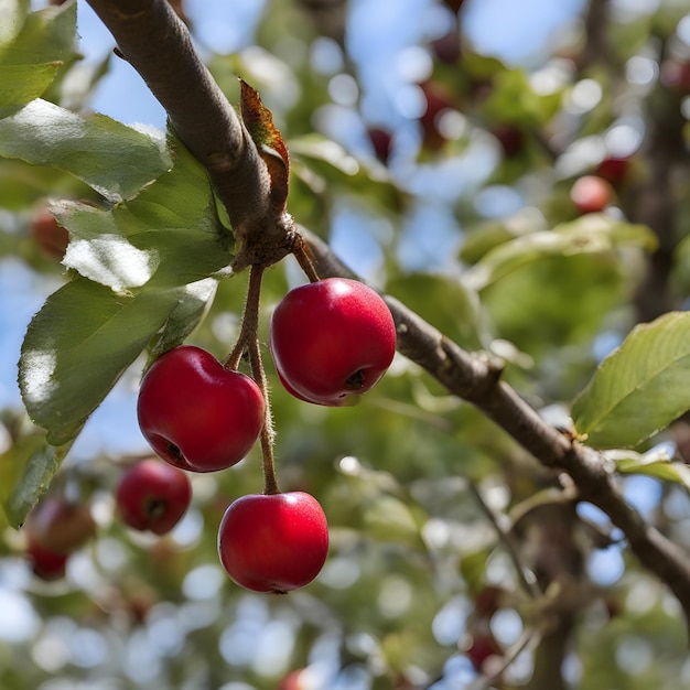 a branch with red berries on it and a blue sky in the background