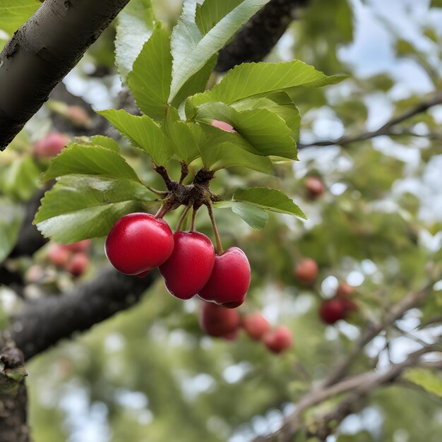 a branch with red berries on it and a blue sky in the background