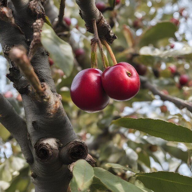 a branch with red cherries hanging from it