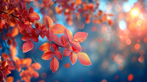 a branch with red leaves and the blue sky in the background