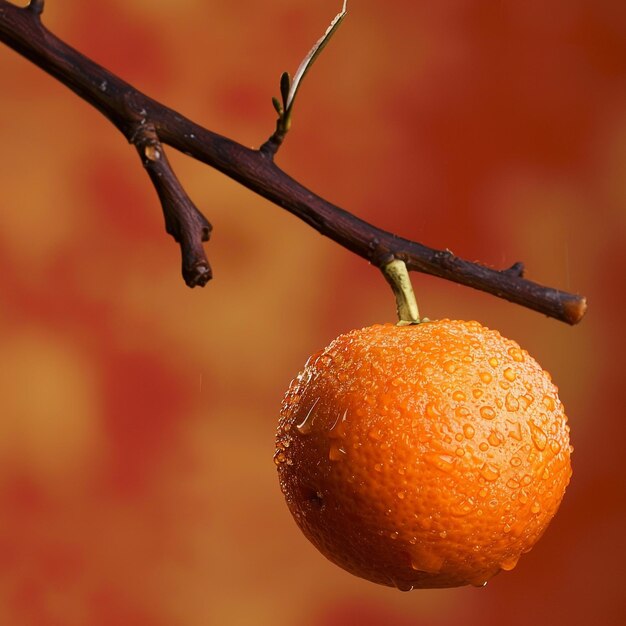 Photo a branch with a small orange fruit that has a picture of a tree with a blurry background