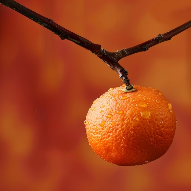 Photo a branch with a small orange fruit that has a picture of a tree with a blurry background