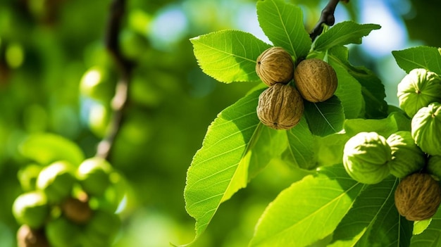 Photo a branch with a walnut on it