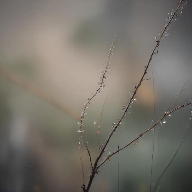 a branch with water droplets on it and a blurry background