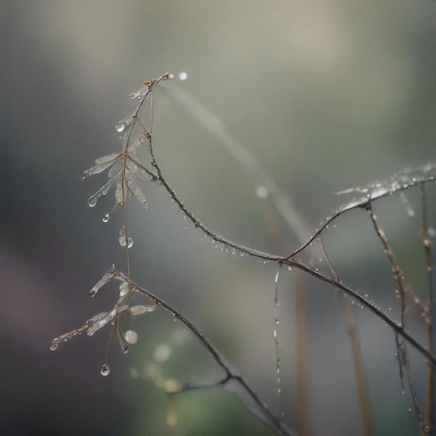 a branch with water droplets on it and a blurry background