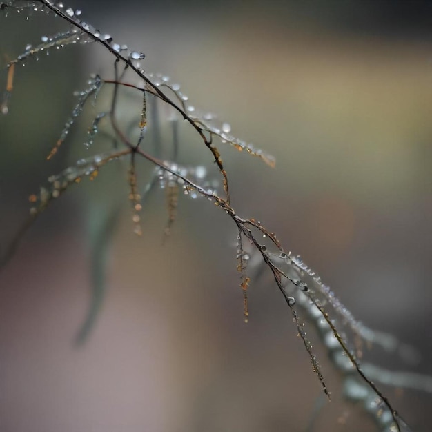 a branch with water droplets on it and the rain drops on it