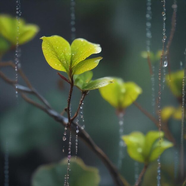 Photo a branch with water drops hanging from it and the rain drops are falling