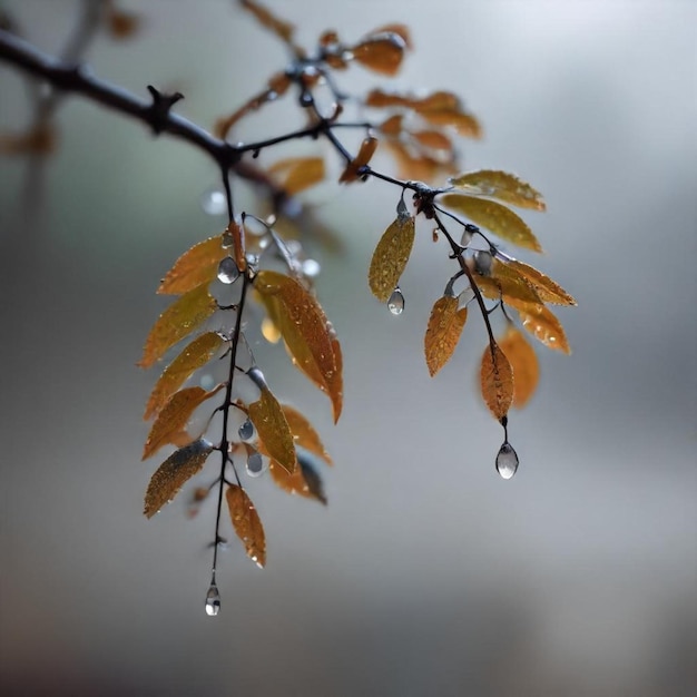 a branch with water drops that has the word  on it