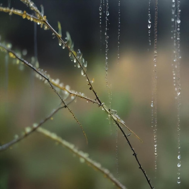 a branch with water drops that is hanging from it