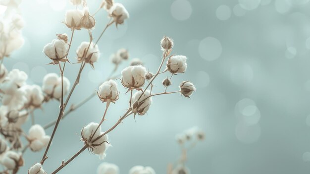 Photo branches of cotton flowers on a light background with copyspace