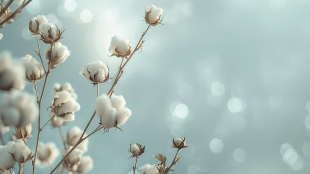 Branches of cotton flowers on a light background with copyspace