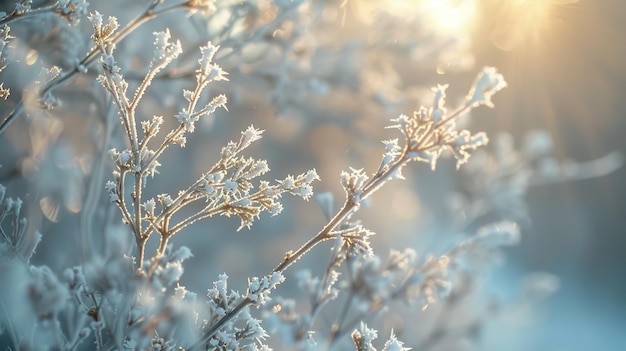 Branches in hoarfrost and snow in the winter are lit with the sun