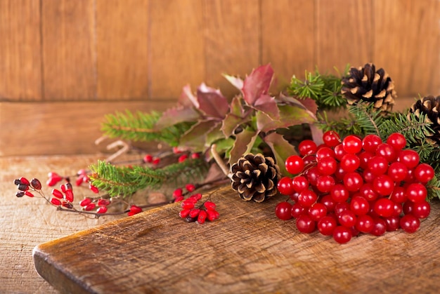 Branches of holly pine cones mountain ash berries