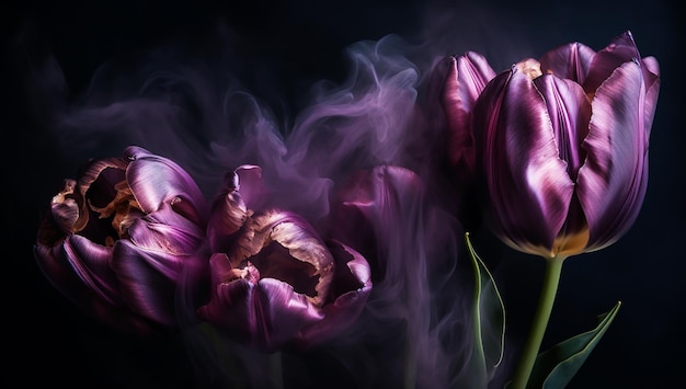 Branches of purple tulips on a dark background with delicate incense smoke Generated AI