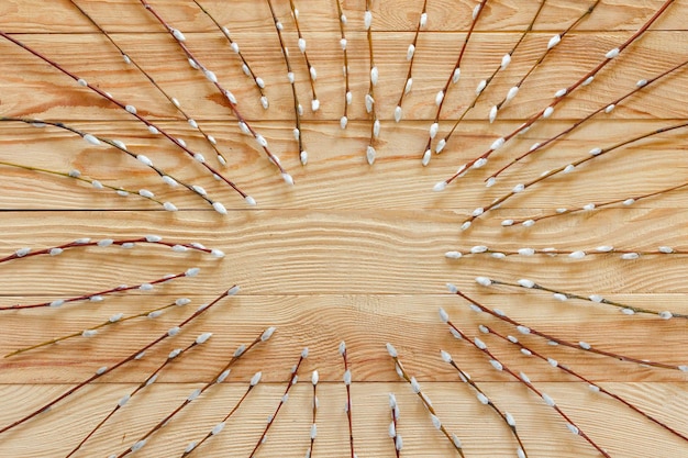 Branches of willow lie in the shape of a circle against the background of a wooden table.