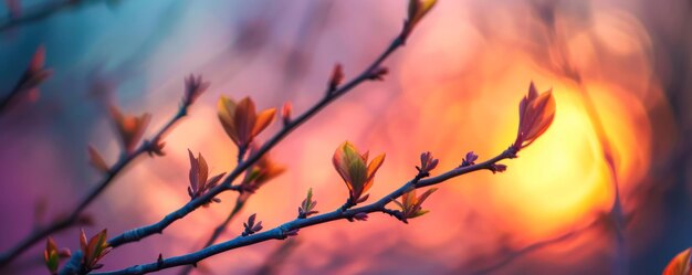 Branches with budding leaves against a sunset