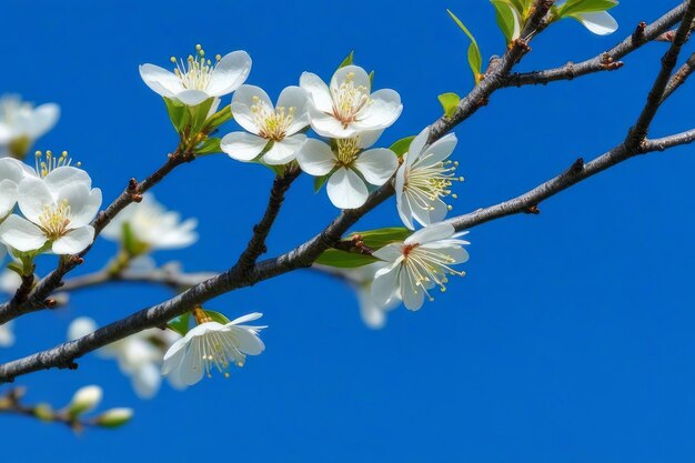 Branches with fresh white flowers in full bloom against a blue sky background