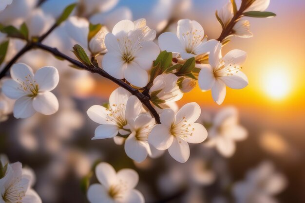 Branches with fresh white flowers in full bloom against the sunset sky