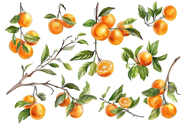 Branches with Ripe Delicious Oranges Isolated