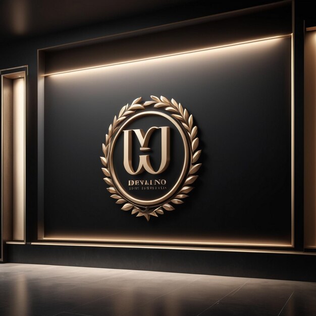 Photo brand logo mockup on black panel wall with luxury office background