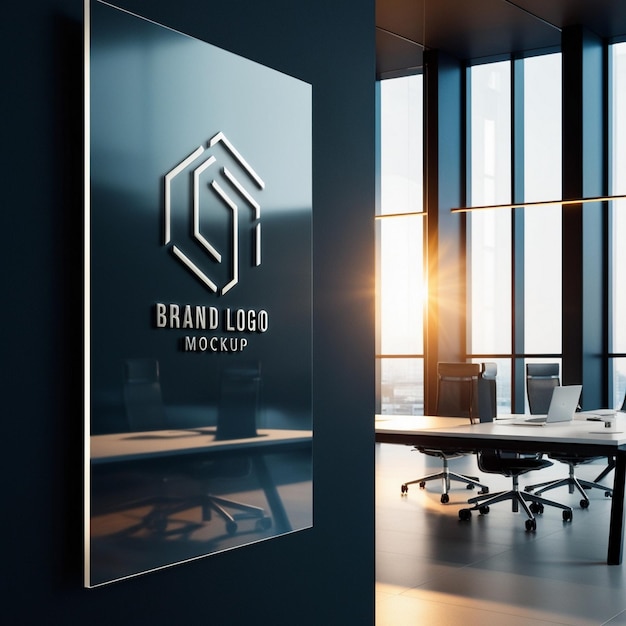 Photo brand logo mockup on panel wall with brand office background