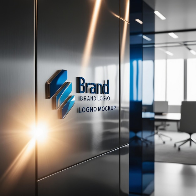 Photo brand logo mockup on panel wall with office background