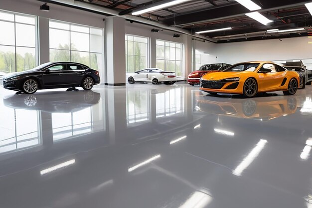 Photo brand new cars in stock showroom floors are epoxy for parking in new car showrooms