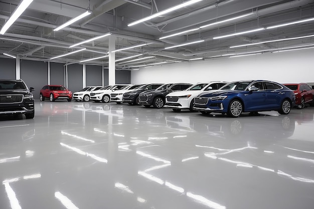 Photo brand new cars in stock showroom floors are epoxy for parking in new car showrooms