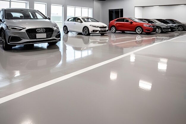 Photo brand new cars in stock showroom floors are epoxy for parking in new car showrooms