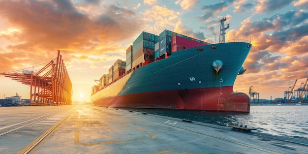 Brand new giant container ship stands on unloading in the port at the berth