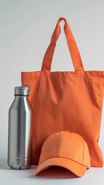 branded cotton tote bag metal water bottle cap white background