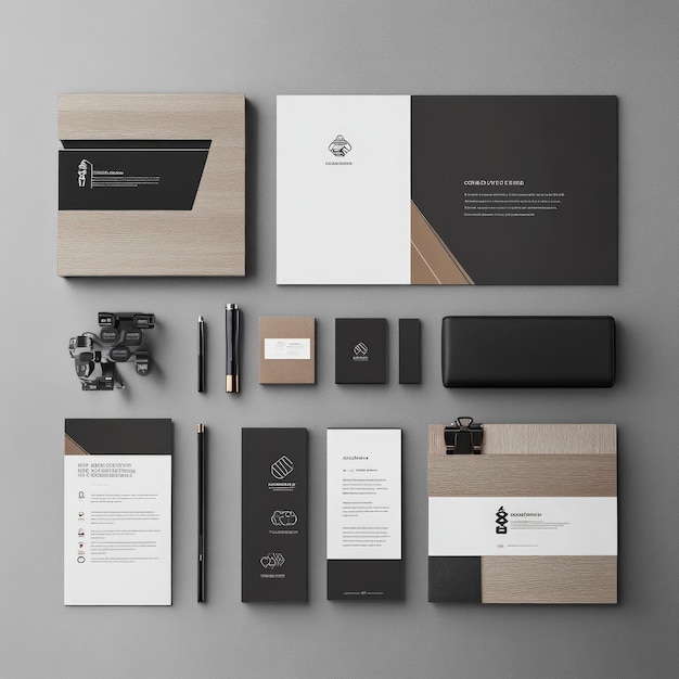 Branding mockup with black and brown elements on a grey background