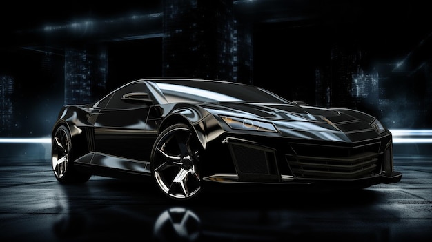 A brandless black sports car in a dark industrial setting under dramatic lighting High speed black sports car